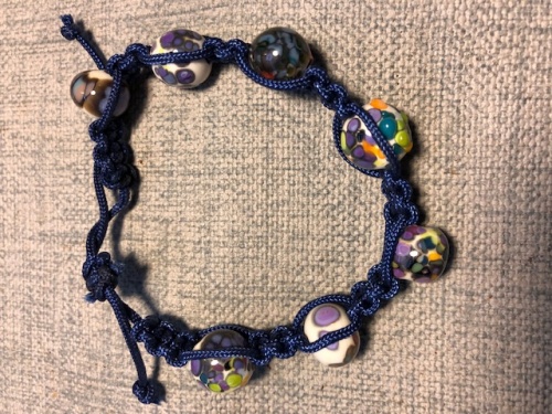Blue Silk Macramé Bracelet with Flowery Multicolor Handmade Lampwork Glass Beads 